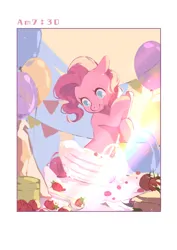 Size: 2000x2828 | Tagged: safe, artist:xieyanbbb, derpibooru import, pinkie pie, earth pony, pony, g4, apple, baking, balloon, bowl, female, food, image, jpeg, mare, morning, smiling, solo, strawberry, table, text