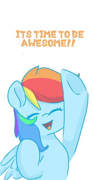 Size: 720x1380 | Tagged: safe, artist:skylinepony_, derpibooru import, rainbow dash, pegasus, pony, g4, eyes closed, female, hoof in air, image, jpeg, mare, open mouth, open smile, simple background, smiling, solo, text, white background