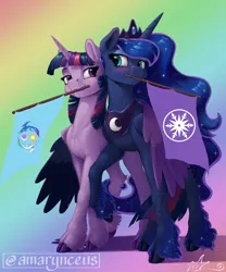 Size: 1000x1200 | Tagged: safe, artist:amarynceus, edit, editor:edits of hate, editor:unofficial edits thread, princess luna, twilight sparkle, alicorn, pony, cloven hooves, duo, ethereal fetlocks, female, flag, flag of crystal empire, flag of equestria, freckles, image, jpeg, lesbian, looking at each other, mare, mouth hold, obtrusive watermark, shipping, twiluna, watermark