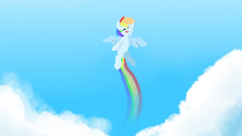 Size: 1920x1080 | Tagged: safe, artist:skylinepony_, derpibooru import, rainbow dash, pegasus, pony, g4, cloud, eyes closed, female, flying, hoof in air, image, jpeg, mare, open mouth, open smile, rainbow trail, sky, smiling, solo