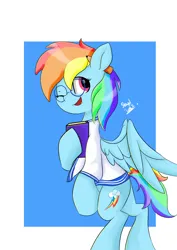 Size: 2896x4096 | Tagged: safe, artist:skylinepony_, derpibooru import, rainbow dash, pegasus, pony, g4, book, clothes, egghead dash, female, glasses, image, jpeg, mare, one eye closed, open mouth, open smile, passepartout, pencil behind ear, sailor uniform, smiling, solo, uniform, wink