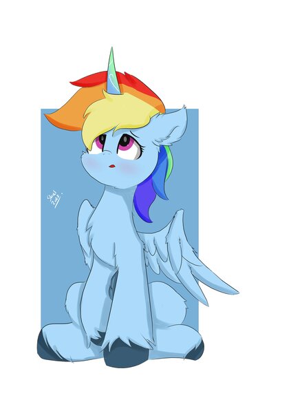 Size: 2039x2893 | Tagged: safe, artist:skylinepony_, derpibooru import, rainbow dash, alicorn, pony, g4, g5, alicornified, blushing, female, g4 to g5, generation leap, horn, image, jpeg, looking up, mare, passepartout, race swap, rainbowcorn, simple background, solo, white background