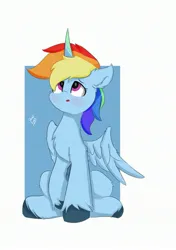 Size: 2039x2893 | Tagged: safe, artist:skylinepony_, derpibooru import, rainbow dash, alicorn, pony, g4, g5, alicornified, blushing, female, g4 to g5, generation leap, horn, image, jpeg, looking up, mare, passepartout, race swap, rainbowcorn, simple background, solo, white background