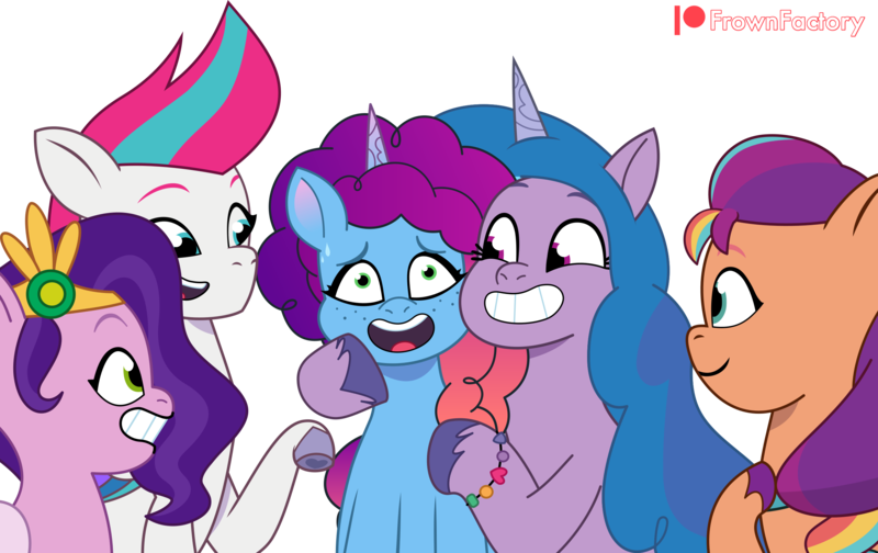 Size: 2560x1614 | Tagged: safe, artist:frownfactory, derpibooru import, izzy moonbow, pipp petals, sunny starscout, zipp storm, earth pony, pegasus, pony, unicorn, g5, my little pony: tell your tale, bracelet, diadem, female, freckles, friendship bracelet, grin, group, horn, image, jewelry, mane stripe sunny, mare, misty brightdawn, misty moves in, nervous, nervous grin, open mouth, open smile, png, quintet, rebirth misty, regalia, simple background, smiling, sweat, sweatdrops, tiara, transparent background, uncomfortable, unshorn fetlocks, vector