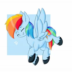 Size: 1967x1967 | Tagged: safe, artist:skylinepony_, derpibooru import, rainbow dash, pegasus, pony, g4, backwards cutie mark, chest fluff, ear fluff, eyes closed, female, grin, hock fluff, image, jpeg, mare, passepartout, signature, smiling, solo, spread wings, unshorn fetlocks, wings