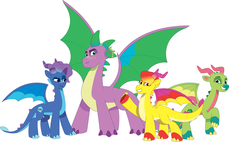 Size: 6496x4045 | Tagged: safe, artist:prixy05, derpibooru import, spike, dragon, g5, my little pony: tell your tale, dragon lord spike, dragoness, female, fountain (g5), group, image, leaf (g5), luxxe, male, older, older spike, png, quartet, simple background, spike (g5), spread wings, tell your tale accurate, white background, wings