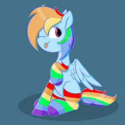 Size: 2521x2521 | Tagged: safe, artist:skylinepony_, derpibooru import, rainbow dash, pegasus, pony, g4, ;p, clothes, female, image, jpeg, looking at you, mare, one eye closed, partially open wings, rainbow socks, sitting, smiling, smiling at you, socks, solo, striped socks, tail, tongue out, wings, wink, winking at you