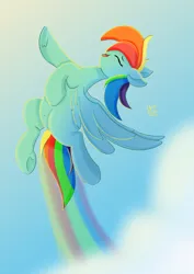 Size: 2893x4092 | Tagged: safe, artist:skylinepony_, derpibooru import, rainbow dash, pegasus, pony, g4, belly button, eyes closed, female, flying, image, jpeg, mare, open mouth, open smile, rainbow trail, smiling, solo