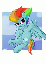 Size: 2039x2893 | Tagged: safe, artist:skylinepony_, derpibooru import, rainbow dash, pegasus, pony, g4, female, flying, hoof in air, image, jpeg, mare, passepartout, signature, smiling, solo, spread wings, tail, underhoof, wings