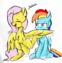 Size: 1440x1477 | Tagged: safe, artist:skylinepony_, derpibooru import, fluttershy, rainbow dash, pegasus, pony, g4, duo, duo female, eyes closed, female, flutterdash, grooming, image, jpeg, lesbian, mare, open mouth, open smile, preening, shipping, smiling, wings