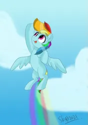 Size: 481x680 | Tagged: safe, artist:skylinepony_, derpibooru import, rainbow dash, pegasus, pony, g4, female, flying, hoof in air, image, looking up, mare, open mouth, open smile, png, rainbow trail, smiling, solo