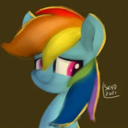 Size: 1280x1280 | Tagged: safe, artist:skylinepony_, derpibooru import, rainbow dash, pegasus, pony, g4, brown background, bust, female, image, jpeg, mare, portrait, signature, simple background, smiling, solo