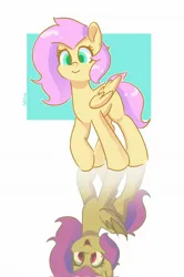 Size: 1362x2048 | Tagged: safe, artist:skylinepony_, derpibooru import, fluttershy, bat pony, pegasus, pony, g4, bat ponified, bat wings, duality, flutterbat, folded wings, image, jpeg, open mouth, open smile, passepartout, race swap, reflection, simple background, smiling, solo, white background, wings