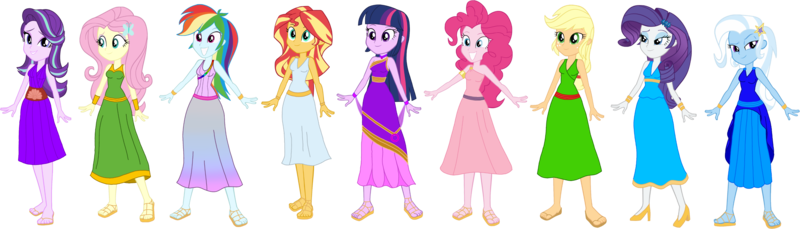 Size: 4039x1154 | Tagged: safe, artist:invisibleink, artist:tylerajohnson352, derpibooru import, applejack, fluttershy, pinkie pie, rainbow dash, rarity, sci-twi, starlight glimmer, sunset shimmer, trixie, twilight sparkle, human, equestria girls, g4, armlet, bracelet, clothes, dress, eyelashes, feet, female, freckles, goddess, greek clothes, high heels, humane five, humane seven, humane six, image, jewelry, multicolored hair, png, rainbow hair, sandals, shoes, simple background, tied hair, transparent background