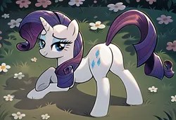 Size: 1216x832 | Tagged: safe, ai content, derpibooru import, machine learning generated, prompter:shazamjr, stable diffusion, rarity, pony, unicorn, g4, ass up, bedroom eyes, bootylicious, butt, featureless crotch, female, flower, generator:pony diffusion v6 xl, grass, grass field, horn, image, jpeg, looking back, mare, plot, presenting, rearity, seductive, seductive look, seductive pose, solo