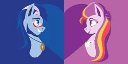 Size: 10500x5250 | Tagged: safe, artist:samoht-lion, derpibooru import, earth pony, pony, g5, argyle starshine, duo, duo male and female, female, glasses, heart, heart background, husband and wife, image, jewelry, looking at each other, looking at someone, male, mare, medallion, necklace, png, smiling, stallion, sunny starscout's mother