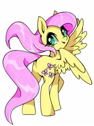 Size: 1200x1600 | Tagged: safe, artist:stacy_165cut, derpibooru import, fluttershy, pegasus, pony, g4, big eyes, butt, colored, eyelashes, female, flat colors, green eyes, image, jpeg, looking at you, looking back, looking back at you, mare, open mouth, open smile, pink mane, pink tail, plot, raised hoof, rear view, saturated, shiny mane, shiny tail, simple background, smiling, smiling at you, solo, spread wings, standing, tail, thin, wavy mane, wavy tail, white background, wind, windswept mane, wing fluff, wingding eyes, wings, yellow coat