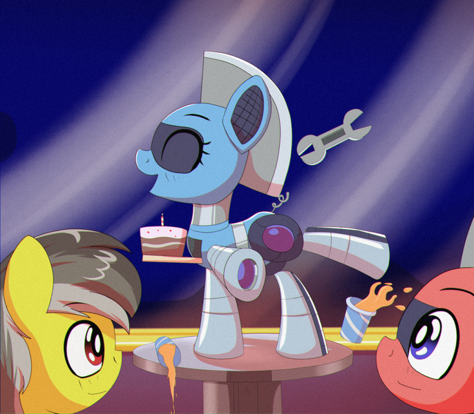 Size: 1440x1260 | Tagged: safe, artist:trackheadtherobopony, derpibooru import, oc, oc:silverstream (robot pony), oc:thunder (fl), oc:trackhead, pegasus, pony, robot, robot pony, cake, dancing, drink, female, food, image, male, mare, png, stallion, wrench