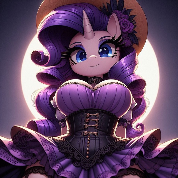 Size: 1024x1024 | Tagged: safe, ai content, derpibooru import, machine learning generated, prompter:glimmy-glam, rarity, anthro, unicorn, g4, big breasts, breasts, busty rarity, choker, cleavage, clothes, corset, garter belt, generator:dall-e 3, hands behind back, hat, horn, image, jpeg, lolita fashion, looking at you, looking down, paraskirt, purple skirt, simple background, skirt, skirt lift, smiling, solo, thighs