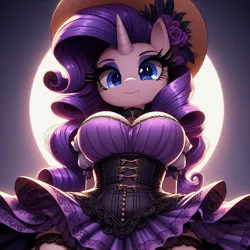 Size: 1024x1024 | Tagged: safe, ai content, derpibooru import, machine learning generated, prompter:glimmy-glam, rarity, anthro, unicorn, g4, big breasts, breasts, busty rarity, choker, cleavage, clothes, corset, garter belt, generator:dall-e 3, hands behind back, hat, horn, image, jpeg, lolita fashion, looking at you, looking down, paraskirt, purple skirt, simple background, skirt, skirt lift, smiling, solo, thighs