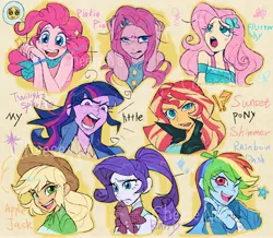 Size: 3925x3430 | Tagged: safe, artist:nainaier007, derpibooru import, applejack, fluttershy, pinkie pie, rainbow dash, rarity, sunset shimmer, twilight sparkle, human, equestria girls, g4, bust, emoji, image, jpeg, mane six, one eye closed, open mouth, pinkamena diane pie, portrait, simple background, smiling, speech bubble, sweat, sweatdrop, text, wink, yellow background, yellow outline