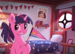 Size: 5000x3556 | Tagged: safe, artist:nookprint, derpibooru import, daring do, spike, twilight sparkle, dragon, pegasus, pony, unicorn, g4, adorkable, alternate hairstyle, bag, bed, bedroom, book, bookshelf, chest fluff, college, crepuscular rays, cute, desk, dork, dormitory, female, flag, grin, holding, hoof hold, horn, image, looking at you, nerd, pennant, photo, png, poster, smiling, solo, twiabetes, unicorn twilight, university, window