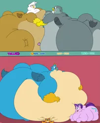 Size: 4105x5064 | Tagged: suggestive, artist:rupert, derpibooru import, gabby, gallus, gilda, rainbow dash, smolder, spike, starlight glimmer, dragon, gryphon, pegasus, pony, unicorn, series:catbird 3's colossal squish program, g4, "flab"y, bbw, belly, belly bumps, belly sandwich, belly squish, bhm, big belly, blob, blorp, blushing, burp, butt, butt touch, comic, dialogue, emanata, exclamation point, eyes closed, fat, fat fetish, fat tail, featureless crotch, female, fetish, flabbus, gabbooty, gallass, gildough, hand on butt, happy, heart, horn, huge belly, huge butt, hyper, hyper obese, image, immobile, impossibly large belly, impossibly large butt, impossibly large everything, impossibly obese, incentive drive, large butt, lidded eyes, lip bite, looking back, looking up, male, mare, milestone, mismatched eyes, moaning, morbidly obese, obese, offscreen character, one eye closed, onomatopoeia, pale belly, pinned down, plot, png, puffy cheeks, question mark, rolls of fat, rubbing, slosh, smiling, squished, squishy, squishy belly, squishy butt, starlard glimmer, surprised, tail, tail fat, wavy mouth, weight gain, weight gain sequence, wiggle