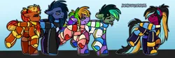 Size: 6000x2000 | Tagged: safe, artist:sexygoatgod, derpibooru import, oc, oc:comet striker, oc:lunar drop, oc:princess razz, oc:prism flare, oc:razzmatazz gleam, oc:toxic spark, unofficial characters only, bat pony, hybrid, pegasus, pony, female, gradient background, image, latex, latex suit, male, pegabat, png, ponytail, starfall kingdom, tail, tail bun