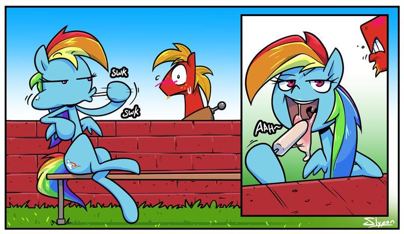 Size: 1000x580 | Tagged: suggestive, artist:slypon, derpibooru import, big macintosh, rainbow dash, earth pony, pegasus, pony, g4, bench, blushing, comic, crossed legs, duo, duo male and female, eating, female, food, ice cream, image, lip bite, looking at you, looking back, looking back at you, lounging, male, mawshot, open mouth, park bench, png, popsicle, rainbowmac, shipping, sitting, straight, sucking, suggestive eating, throat, tongue out, uvula, volumetric mouth