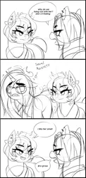 Size: 1944x3972 | Tagged: safe, artist:dibujito, derpibooru import, oc, oc:dib, oc:nori, oc:tupu, unofficial characters only, earth pony, pony, unicorn, 3 panel comic, anxiety, anxious, blushing, comic, dialogue, ear piercing, earring, female, fetish, glasses, grossed out, horn, image, jewelry, lidded eyes, long hair, mare, monochrome, olfactophilia, open mouth, open smile, piercing, png, shaking, short hair, sketch, smiling, social anxiety, speech bubble, thick eyebrows, trio