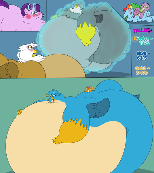 Size: 4092x4588 | Tagged: suggestive, artist:rupert, derpibooru import, gabby, gallus, gilda, rainbow dash, smolder, spike, starlight glimmer, dragon, gryphon, pegasus, pony, unicorn, series:catbird 3's colossal squish program, g4, "flab"y, bbw, belly, belly bumps, belly sandwich, belly squish, bhm, big belly, blob, blorp, blushing, burp, butt, butt touch, comic, dialogue, dizzy, emanata, exclamation point, eyes closed, fat, fat fetish, fat tail, female, fetish, flabbus, gabbooty, gallass, gildough, hand on butt, happy, heart, horn, huge belly, huge butt, hyper, hyper obese, image, immobile, impossibly large belly, impossibly large butt, impossibly large everything, impossibly obese, incentive drive, large butt, lidded eyes, looking back, looking up, magic, magic aura, male, mare, milestone, morbidly obese, o mouth, obese, offscreen character, onomatopoeia, pale belly, plot, png, puffy cheeks, rolls of fat, rubbing, sigh, slosh, smiling, sniffling, squishy, squishy belly, squishy butt, starlard glimmer, surprised, sweat, sweatdrop, swirly eyes, tail, tail fat, teary eyes, wavy mouth, weight gain, weight gain sequence