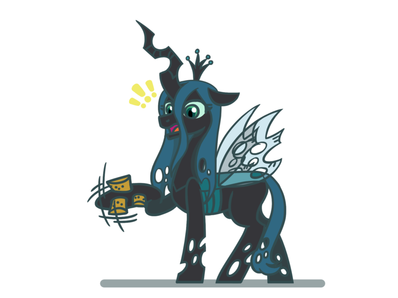 Size: 1800x1350 | Tagged: safe, artist:flutterluv, derpibooru import, queen chrysalis, changeling, changeling queen, g4, 2024, chrysalis day, cork, exclamation point, female, image, png, shaking hoof, simple background, solo, transparent background