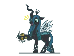 Size: 1800x1350 | Tagged: safe, artist:flutterluv, derpibooru import, queen chrysalis, changeling, changeling queen, g4, 2024, chrysalis day, cork, exclamation point, female, image, png, shaking hoof, simple background, solo, transparent background