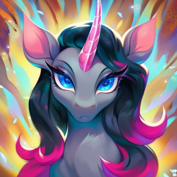 Size: 1024x1024 | Tagged: source needed, safe, ai content, derpibooru import, machine learning generated, prompter:cypher, oleander (tfh), pony, unicorn, them's fightin' herds, abstract background, bust, community related, female, horn, image, jpeg, mare, solo