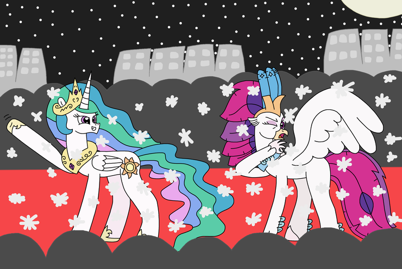 Size: 2835x1901 | Tagged: safe, artist:supahdonarudo, derpibooru import, princess celestia, queen novo, alicorn, classical hippogriff, hippogriff, pony, g4, my little pony: the movie, atg 2024, camera flashes, carpet, city, cityscape, crowd, duo, duo female, famous, female, image, mare, moon, newbie artist training grounds, night, one eye closed, png, queen novo is not amused, red carpet, unamused, waving