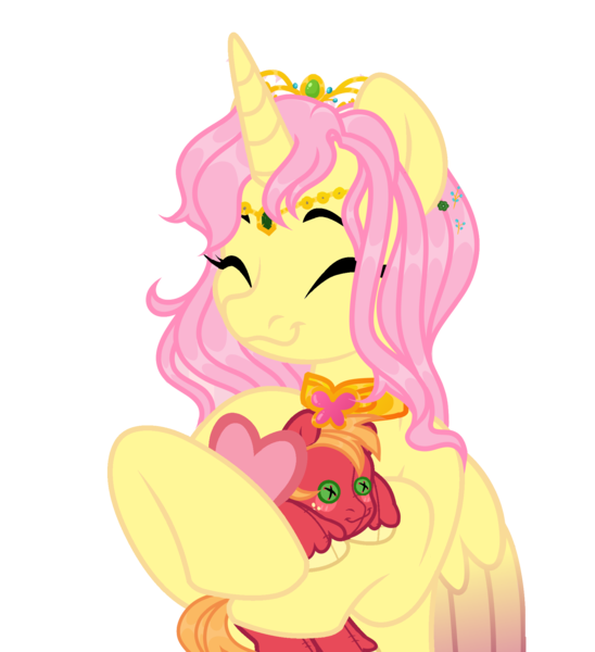 Size: 1828x2000 | Tagged: safe, alternate version, artist:vi45, derpibooru import, big macintosh, fluttershy, oc, oc:princess fluttershy, unofficial characters only, alicorn, pony, derpibooru community collaboration, g4, 2024 community collab, alicorn oc, alicornified, alpha channel, alternate design, alternate hairstyle, alternate universe, au:friendship is kindness, commission, doll, element of kindness, eyes closed, female, fluttercorn, fluttermac, gift giving, hearts and hooves day, horn, image, jewelry, letter, love letter, male, mare, png, race swap, shipping, simple background, smiling, solo, straight, tiara, toy, transparent background, wings, ych result