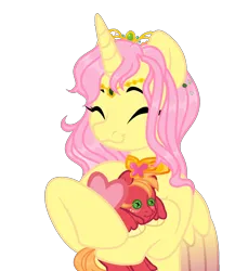 Size: 1828x2000 | Tagged: safe, alternate version, artist:vi45, derpibooru import, big macintosh, fluttershy, oc, oc:princess fluttershy, unofficial characters only, alicorn, pony, derpibooru community collaboration, g4, 2024 community collab, alicorn oc, alicornified, alpha channel, alternate design, alternate hairstyle, alternate universe, au:friendship is kindness, commission, doll, element of kindness, eyes closed, female, fluttercorn, fluttermac, gift giving, hearts and hooves day, horn, image, jewelry, letter, love letter, male, mare, png, race swap, shipping, simple background, smiling, solo, straight, tiara, toy, transparent background, wings, ych result