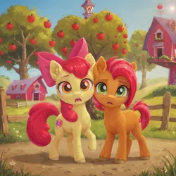 Size: 2048x2048 | Tagged: safe, ai content, derpibooru import, machine learning generated, prompter:venisoncreampie, stable diffusion, apple bloom, babs seed, earth pony, pony, g4, apple, apple tree, cousins, crying, duo, duo female, female, fence, filly, foal, food, generator:pony diffusion v6 xl, image, png, sad, sweet apple acres, tree