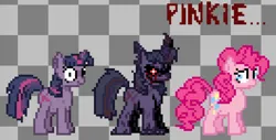 Size: 1255x637 | Tagged: semi-grimdark, artist:randomguy20034, derpibooru import, pinkie pie, twilight sparkle, earth pony, pony, unicorn, g4, blood, checkered background, creepy, creepy smile, creepypasta, curved horn, exe, fake cutie mark, female, fingers, glow, glowing eyes, horn, image, jpeg, looking at you, looking back, lord x, mare, pixel art, prince-x, red eyes, scared, smiling, sprite, text, unicorn twilight, worried