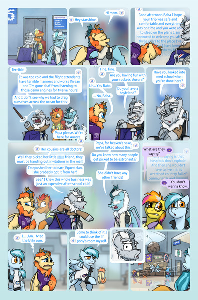 Size: 2079x3142 | Tagged: safe, artist:captainhoers, derpibooru import, spitfire, oc, oc:aurora (hoers), oc:concorde, oc:snowstorm (hoers), kirin, pegasus, pony, unicorn, comic:stardust:the sky belongs to no one, g4, bowing, comic, crying, dialogue, elderly, female, fire, glow, glowing eyes, grandfather and grandchild, grandfather and granddaughter, gritted teeth, high res, horn, image, imminent nirik, jpeg, kirin oc, male, mane chewing, mare, mother and child, mother and daughter, offspring, older spitfire, parent:soarin', parent:spitfire, parents:soarinfire, speech bubble, teary eyes, teeth, wheelchair