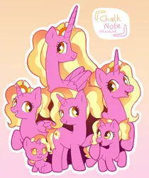 Size: 1524x1816 | Tagged: safe, artist:chalk_note, derpibooru import, luster dawn, alicorn, pony, unicorn, g4, alicornified, baby luster dawn, female, filly, filly luster dawn, foal, gradient background, grin, horn, image, looking at each other, looking at someone, lotster dawn, lustercorn, mare, multeity, older luster dawn, open mouth, open smile, png, race swap, raised hoof, self paradox, self ponidox, signature, sitting, smiling, smiling at each other, solo, standing, time paradox