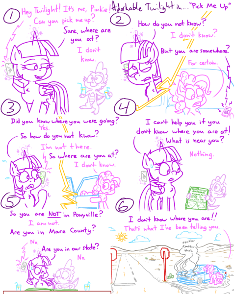 Size: 4779x6013 | Tagged: safe, artist:adorkabletwilightandfriends, derpibooru import, pinkie pie, spike, twilight sparkle, comic:adorkable twilight and friends, adorkable, adorkable twilight, aerial view, atlas, automobile, butt, car, comic, confused, confusion, cute, desert, door, dork, drink, happy, help, help me, helpless, hood, humor, image, lost, magic, map, map of equestria, mobile phone, nervous, perspective, phone, phone call, plot, png, road, slice of life, smartphone, smoke, stop sign, tail, worried