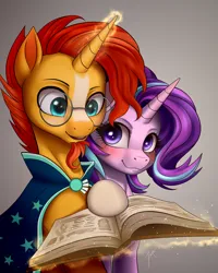 Size: 1600x2000 | Tagged: safe, artist:zetamad, derpibooru import, starlight glimmer, sunburst, pony, unicorn, g4, atg 2024, blaze (coat marking), blushing, book, coat markings, duo, duo male and female, facial hair, facial markings, female, glasses, glow, glowing horn, goatee, horn, image, levitation, looking at someone, looking at something, magic, magic aura, male, mare, newbie artist training grounds, png, reading, shipping, smiling, socks (coat marking), stallion, starburst, straight, telekinesis