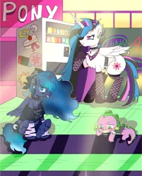 Size: 3513x4374 | Tagged: safe, artist:ruto_me, derpibooru import, princess celestia, princess luna, spike, alicorn, dragon, pony, g4, 80's fashion, 80s, 80s hair, 80s princess luna, alternate hairstyle, bandage, bandana, belt, blame my sister, candy, choker, chokerlestia, chokerluna, clothes, crepuscular rays, female, fishnet clothing, fishnets, food, goth, graffiti, image, leg warmers, lollipop, makeup, male, mare, name, nintendo switch, piercing, png, punklestia, royal sisters, shirt, siblings, sisters, socks, spiked choker, sticker, stockings, t-shirt, thigh highs, tongue out, trio, vending machine