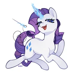 Size: 945x945 | Tagged: safe, artist:imbir, derpibooru import, rarity, pony, unicorn, g4, eyeshadow, female, glow, glowing horn, horn, image, levitation, looking at you, magic, magic aura, makeup, mare, open mouth, open smile, png, sewing needle, simple background, smiling, smiling at you, solo, tail, telekinesis, white background