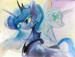 Size: 3817x2916 | Tagged: safe, artist:unclechai, derpibooru import, nightmare moon, princess luna, alicorn, g4, crown, female, image, jewelry, jpeg, looking at someone, regalia, traditional art, watercolor painting