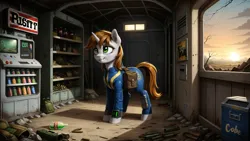 Size: 2560x1439 | Tagged: safe, ai content, derpibooru import, generator:pony realism 2.1, machine learning generated, oc, oc:littlepip, unofficial characters only, pony, unicorn, fallout equestria, ammunition, bag, bottle, clothes, debris, fallout, female, grin, horn, image, jpeg, jumpsuit, mare, poster, prompter:siber, saddle bag, scenery, smiling, soda bottle, solo, source in the description, vault suit, vending machine