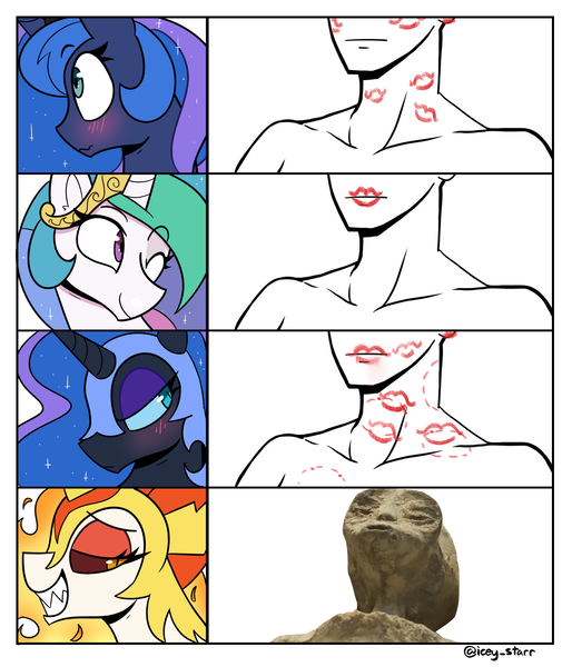 Size: 2562x2991 | Tagged: safe, artist:icey, derpibooru import, daybreaker, nightmare moon, princess celestia, princess luna, oc, oc:anon, alicorn, human, pony, g4, bite mark, blushing, clothes, female, image, kiss mark, kissing, kissing chart, lipstick, mare, meme, one eye closed, png, shoes, wink