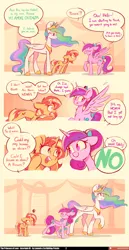 Size: 2400x4661 | Tagged: safe, artist:lummh, artist:scribble-potato, derpibooru import, princess cadance, princess celestia, sunset shimmer, alicorn, pony, unicorn, comic:the princess of love, g4, 4 panel comic, angry, bow, comic, cute, emanata, female, filly, filly sunset shimmer, foal, hair bow, height difference, horn, image, jpeg, madorable, mare, physique difference, ponytail, pouting, shimmerbetes, speech bubble, sweat, sweatdrop, tail, tail bow, tall, teen princess cadance, teenager, young cadance, younger, younger female