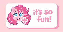 Size: 1600x810 | Tagged: safe, artist:mirtash, derpibooru import, part of a set, pinkie pie, earth pony, pony, g4, blue eyelashes, blue eyes, blue pupils, button, cheek fluff, colored eyelashes, colored pinnae, colored pupils, ear fluff, eyelashes, female, head only, image, jpeg, looking up, mare, miiverse, open mouth, open smile, pink background, pink coat, pink mane, pink text, plus sign, reaction image, shadow, shiny eyes, simple background, smiling, solo, starry eyes, teeth, text, tongue out, wingding eyes, yeah! (miiverse)